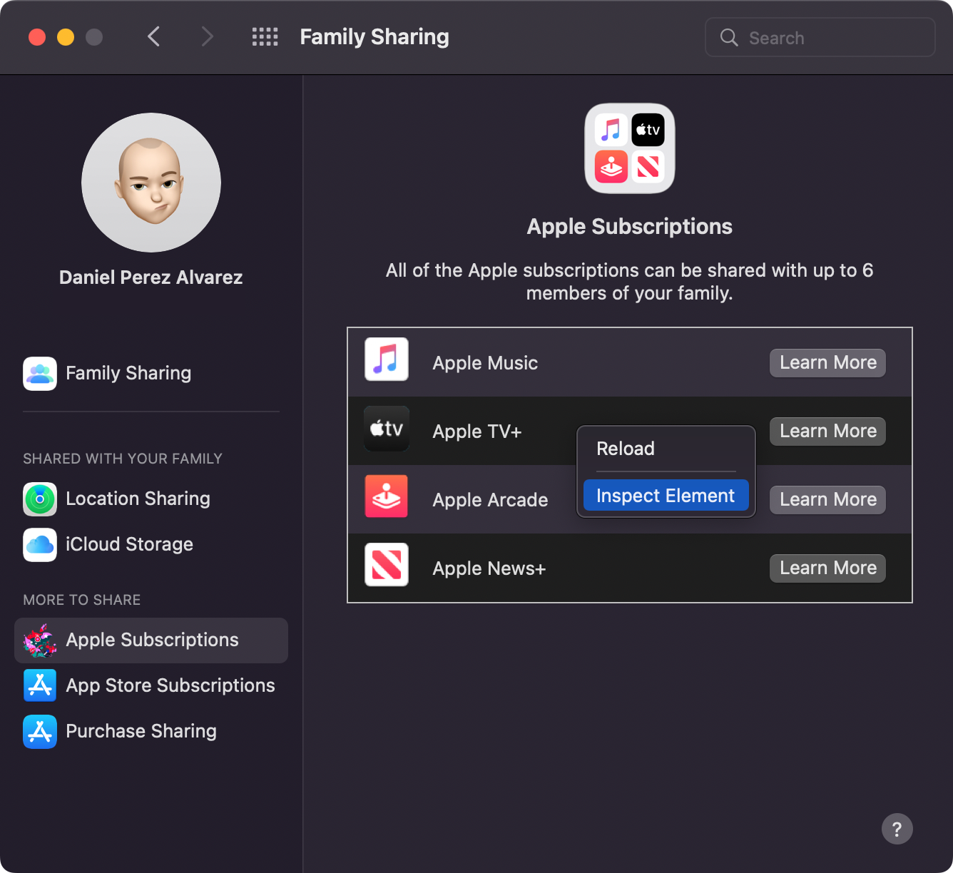 Family Sharing screen with context menu showing &ldquo;Inspect Element&rdquo; option